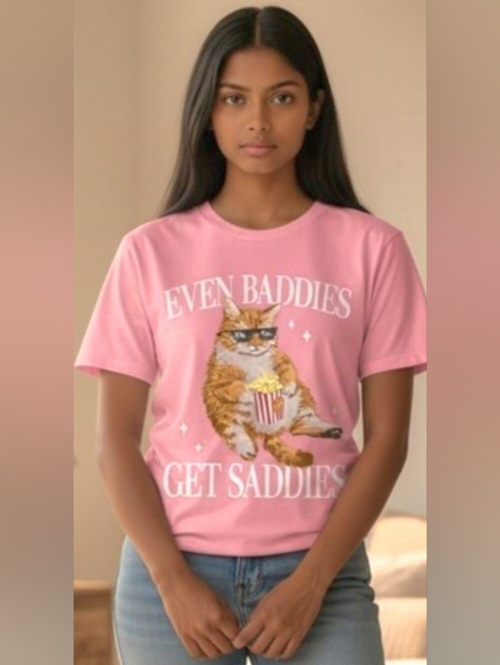 PORT & COMPANY Unisex Pink 'Even Baddies Get Saddies' Cat Graphic T-shirt Sz MED